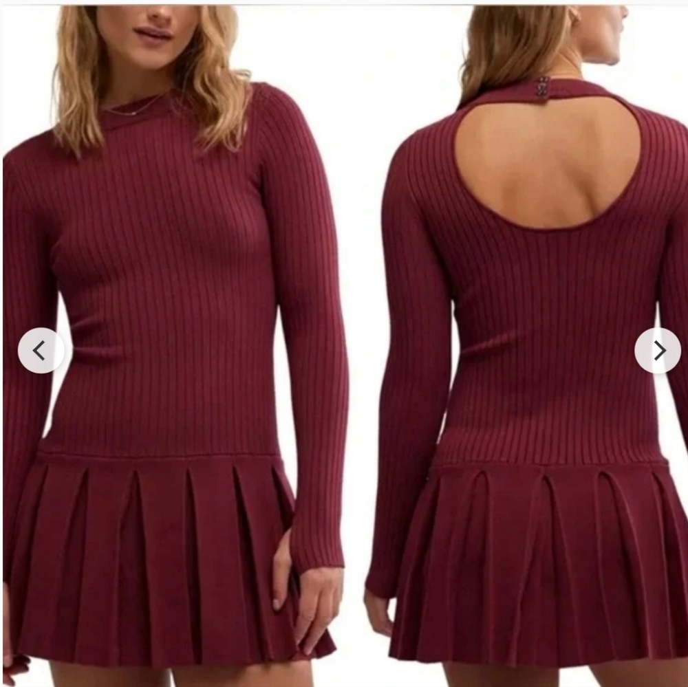 Free People Ribbed Long-Sleeve Pleated Dress — Burgundy